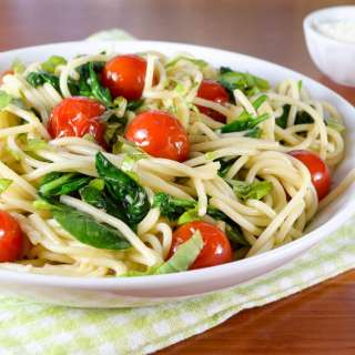 Spaghetti with Cherry Tomatoes, Spinach, Basil, and Parmesan