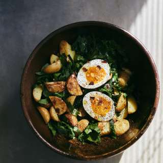 Garlic Roasted Potato, Egg, and Spinach Salad