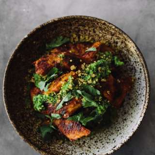 Adobo Acorn Squash, Crispy Quinoa, and Jalapeño Chimichurri