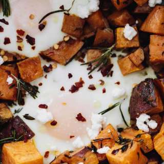 Roasted Sweet Potatoes, Gorgonzola and Baked Eggs