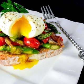 Soft Boiled Egg over Vegetable Sauté and Toast
