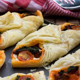 Ricotta, cherry tomato and chorizo puff pastry tarts