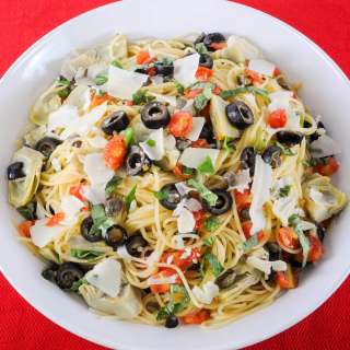 Angel Hair Pasta with Artichokes, Olives, Tomatoes, and Capers