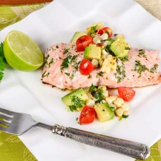 Lime & Cilantro Salmon with Grilled Corn and Avocado Salsa