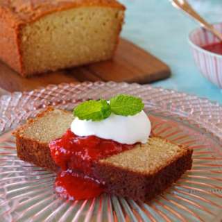 Almond Ricotta Pound Cake with Strawberry Rhubarb Compote