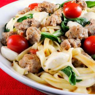 Linguine with Turkey Italian Sausage, Tomatoes, Arugula, and Ciliengini