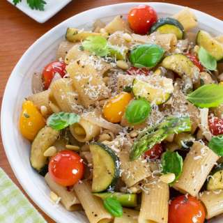 Rigatoni with Zucchini, Tomatoes, Basil and Pine Nuts