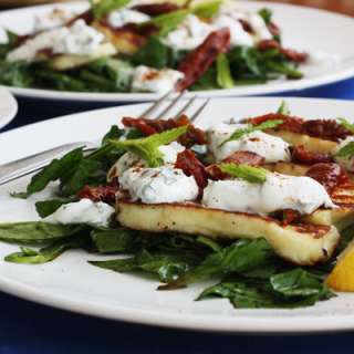 Halloumi Salad With Sundried Tomatoes, Mint And Honey-balsamic Spinach