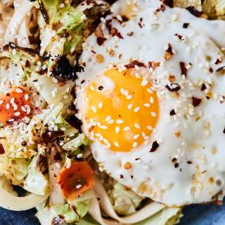 Cabbage Noodle Bowls with Fried Eggs