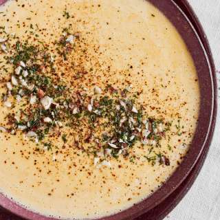 Sweet Corn Soup with Hazelnut-Dill Garnish