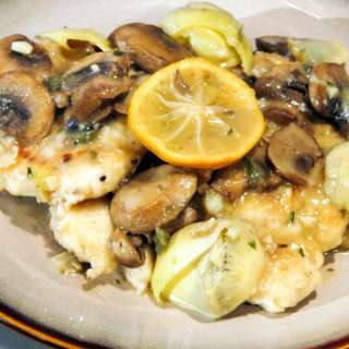 Chicken, Mushrooms, and Artichoke Hearts in a Roasted Lemon Sauce