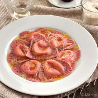 Beetroot Pasta Hearts with Goat Cheese
