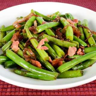 Soy and Garlic Green Beans with Bacon and Caramelized Red Onions