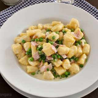 Saffron Gnocchi with Ham and Peas