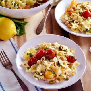 Lemon Pasta Salad with Roasted Tomatoes, Chickpeas & Feta