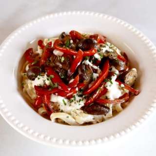 Mushroom Pepper Pasta with Feta Goat Cheese Sauce