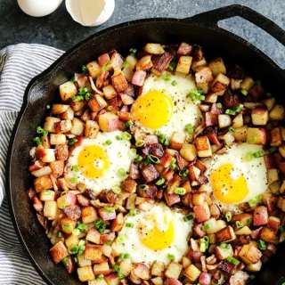 Skillet Fried Potato Hash with Bacon and Eggs