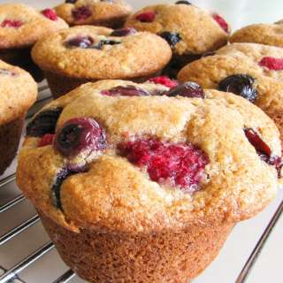 Banana, Blueberry, and Raspberry Muffins