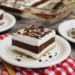 Layered Chocolate Pudding Dessert with Salted Pecan Crust