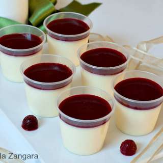 White Chocolate Panna Cotta Shooters with Raspberry Coulis