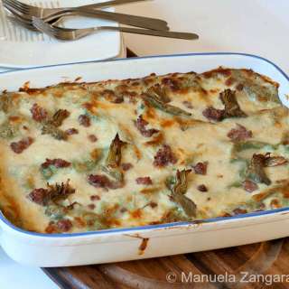 Green Lasagne with Stracchino, Artichokes and Sausage