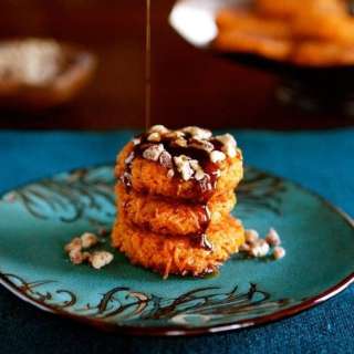 Sweet Potato Latkes with Brown Sugar Syrup and Cayenne Candied Pecans