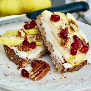 Ricotta Toast Topped with Sliced Pears, Honey and Pecans