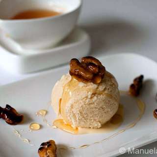 Blue Borage Honey Ice Cream with Honey Glazed Walnuts