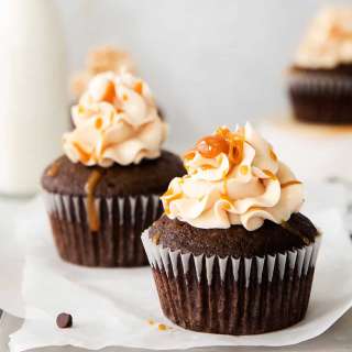 Chocolate "Wacky Cake" Cupcakes with Salted Caramel Buttercream