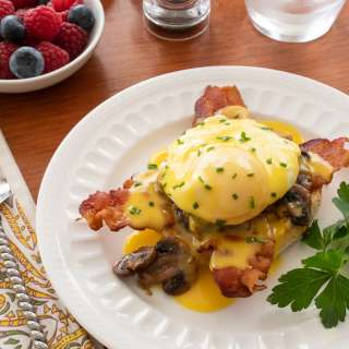 Eggs Benedict with Bacon and Mushrooms