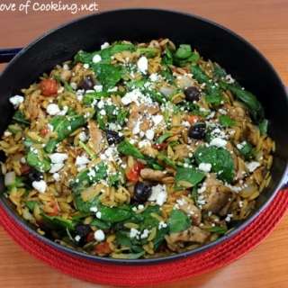 Chicken, Orzo, and Spinach Skillet with Kalamata Olives, Tomatoes, and Basil