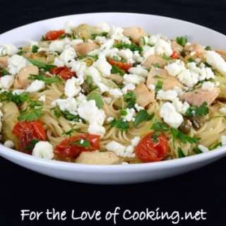 Angel Hair Pasta with Chicken, Artichoke Hearts, Tomatoes, Capers, Feta, and Lemon