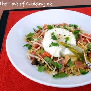 Steamed Egg over Roasted Vegetable Israeli Couscous with Bacon and Parmesan