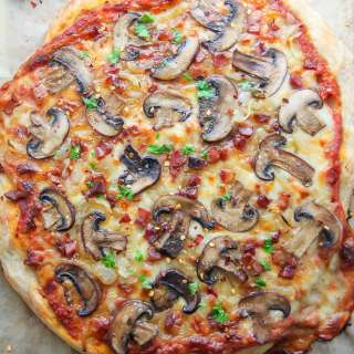 Mushroom Pizza with Pancetta and Caramelized Onions
