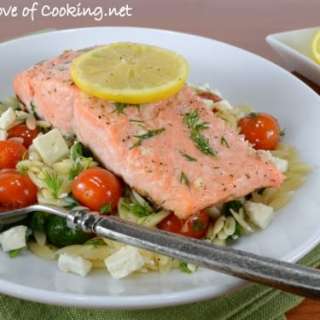Lemon and Dill Salmon with Sautéed Tomato, Spinach, and Feta Orzo