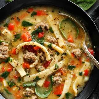 Sausage and Red Pepper Soup with Egg Noodles