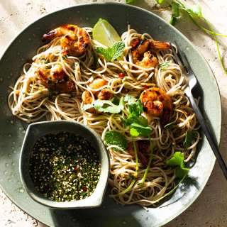 Cold Asian Noodle Salad with Grilled Shrimp