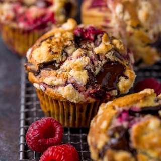 Dark Chocolate Chunk Raspberry Crumb Muffins