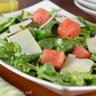 Watermelon, Arugula, and Spinach Salad with Shaved Parmesan