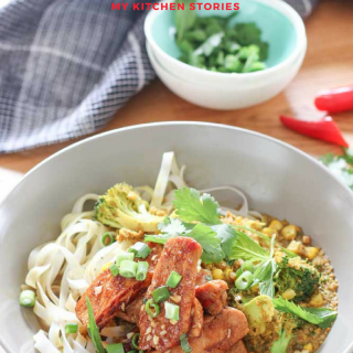 Chilli Caramel Pork Noodle Bowls with Corn and Brocolli