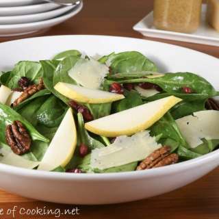 Spinach, Pear, and Pomegranate Salad with Candied Pecans and Shaved Parmesan