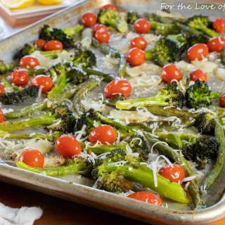 Sheet Pan Roasted Broccoli, Green Beans, and Tomatoes with Lemon and Parmesan