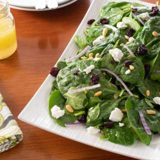 Spinach, Pine Nut, Cranberry, and Feta Salad with a White Balsamic Vinaigrette