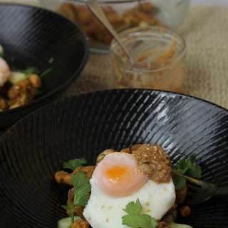 Cauliflower Popcorn with Poached Egg and Peanut Tamarind Chutney