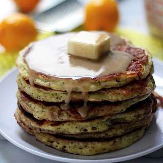 Greek Yogurt Meyer Lemon Poppy Seed Pancakes with Brown Butter Lemon Glaze
