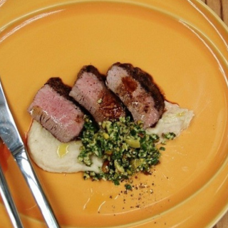 Lamb with Pistachio Green Olive Tabouli, Creamed Cauliflower