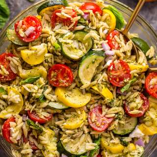 Pesto Orzo Pasta Salad with Zucchini, Goat Cheese, and Tomatoes