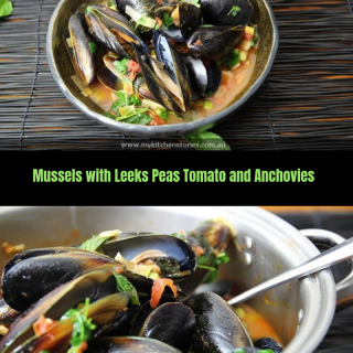 Mussels with Leeks, Peas and Tomato and Truffled Anchovies