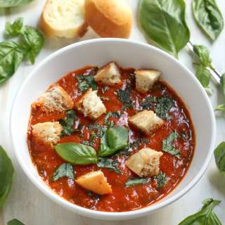 Summertime Fresh Tomato Soup with Brioche Croutons and Basil Oil