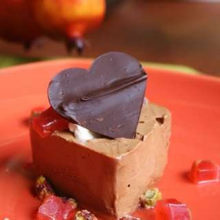 Frozen Chocolate Mousse Hearts, Rose Syrup and Candied Pistachios